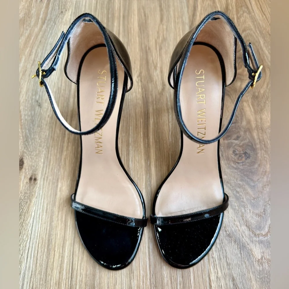 Stuart Weitzman Nudist Black Patent Leather Ankle Strap Sandals Size 9